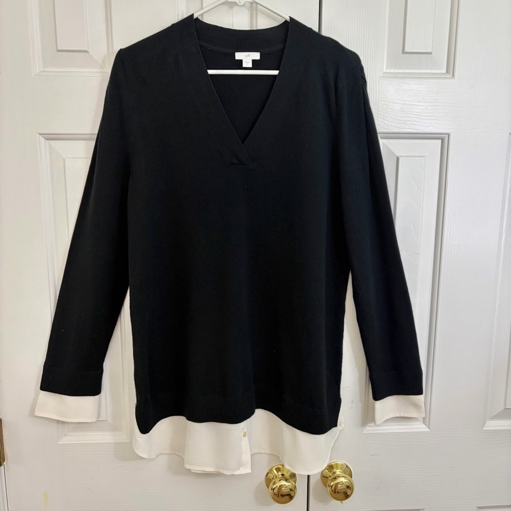 J. Jill Black & Cream Layered V-Neck Long Sleeve Sweater Blouse Size Large